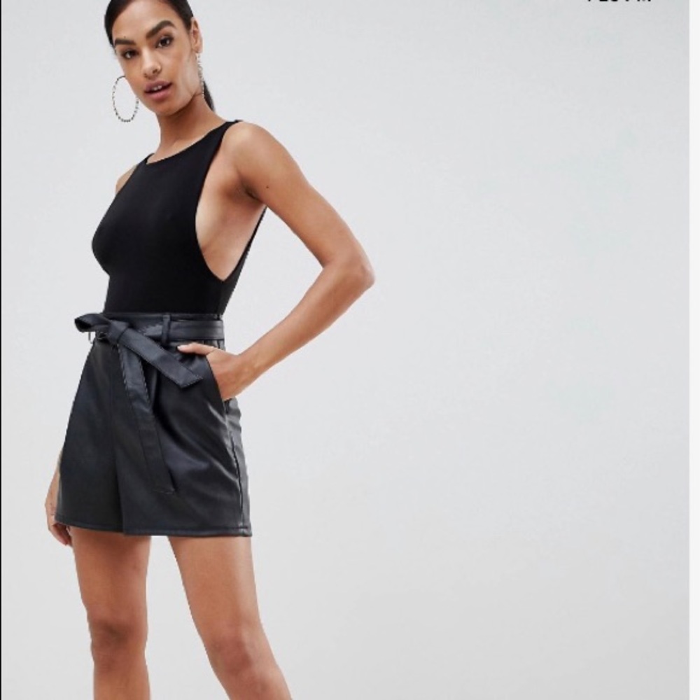 ASOS: black leather paper bag shorts